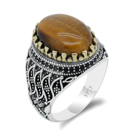 Natutal-Anillo de Plata de Ley 925 con ojos de tigre para hombre, piedra de circonita negra, flor de Osier, estilo Punk, fiesta, boda, Rin Natutal-Anillo de Plata de Ley 925 con ojos de tigre para hombre, piedra de circonita negra, flor de Osier, estilo Punk, fiesta, boda, Rin