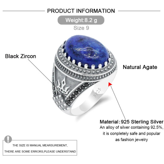 Anillo de plata de ley 100% 925 para hombre, ancla de corona de piedra de lapislázuli Natural azul, piedra de circón negro, anillo de boda para fiesta, joyería fina - malaquita tienda 36