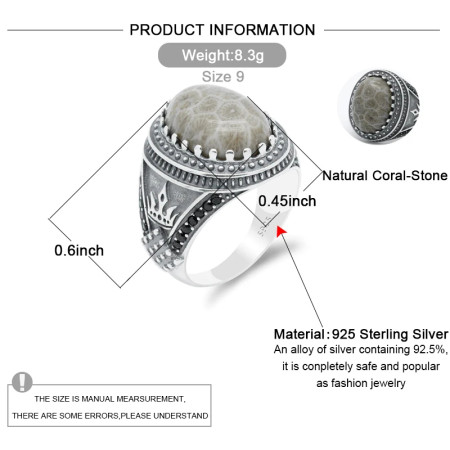 Anillo de plata S925 hecha a mano, piedra de coral natural, joyería para hombres, regalo de fiesta de vacaciones Anillo de plata S925 hecha a mano, piedra de coral natural, joyería para hombres, regalo de fiesta de vacaciones