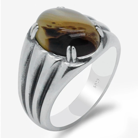 Anillo de plata 925 con piedra de ágata Natural para hombre, sortija de boda con diseño Simple y elegante, tres líneas, joyería fina - malaquita tienda 36