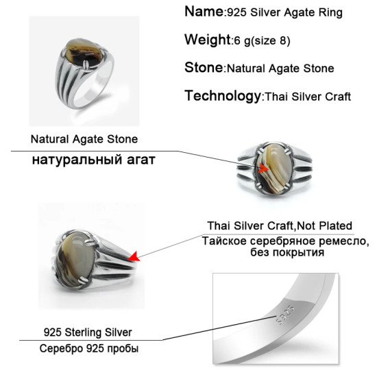 Anillo de plata 925 con piedra de ágata Natural para hombre, sortija de boda con diseño Simple y elegante, tres líneas, joyería fina - malaquita tienda 36