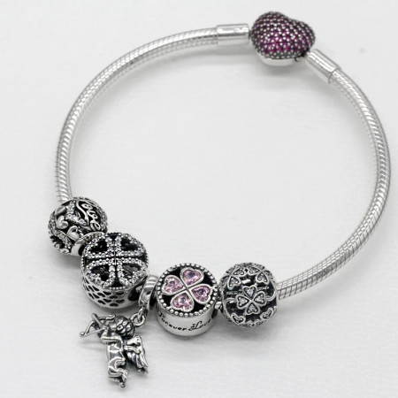 Pulseras de plata de ley 925 pura con forma de corazón, abalorio de amor de Cupido, producción de joyería artesanal Pulseras de plata de ley 925 pura con forma de corazón, abalorio de amor de Cupido, producción de joyería artesanal