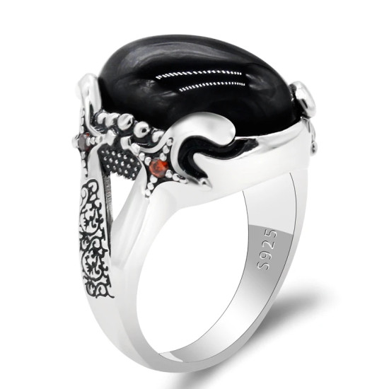 Anillos de plata de ley 925 auténtica para hombre, óvalo, piedra de ágata negra, garra de rey, piedra roja de CZ, Vintage, joyería exquisita, regalo - malaquita tienda 36