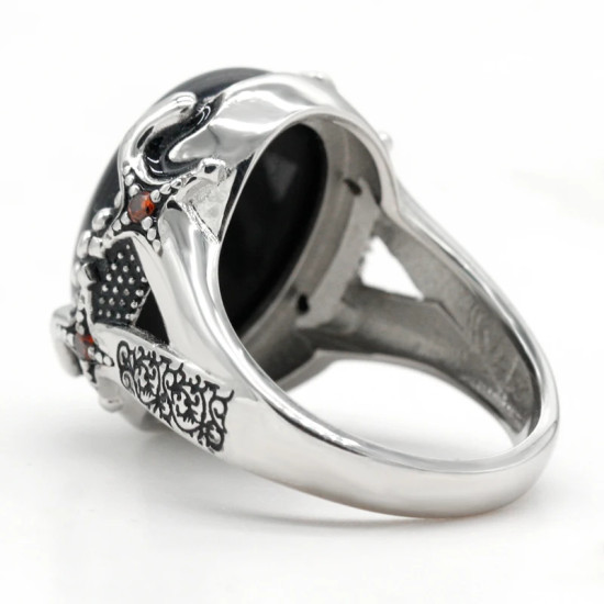 Anillos de plata de ley 925 auténtica para hombre, óvalo, piedra de ágata negra, garra de rey, piedra roja de CZ, Vintage, joyería exquisita, regalo - malaquita tienda 36