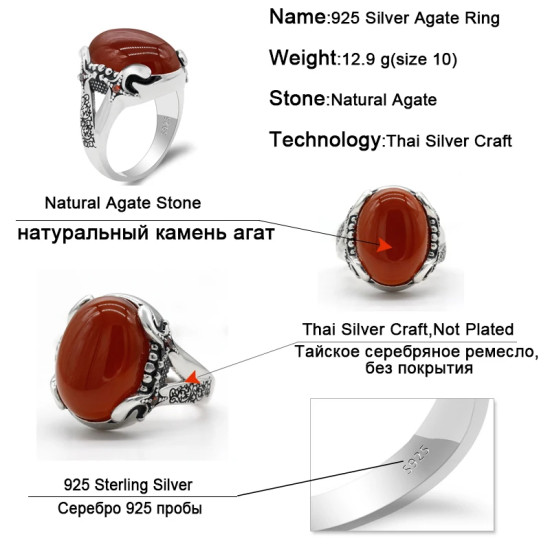 Anillo grande de Plata de Ley 925 para hombre, piedra de ágata Natural roja, líneas rojas de CZ, anillo Vintage para fiesta, estilo fresco, anillo de Turquía - malaquita tienda 36