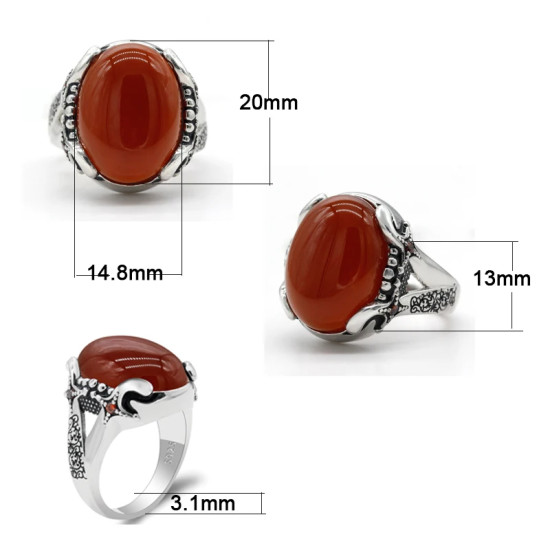 Anillo grande de Plata de Ley 925 para hombre, piedra de ágata Natural roja, líneas rojas de CZ, anillo Vintage para fiesta, estilo fresco, anillo de Turquía - malaquita tienda 36