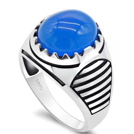Anillo de plata 925 auténtica con piedra de ágata Natural para hombre, joyería de piedras preciosas azules, anillos de boda, línea de equilibrio, joyería fina Anillo de plata 925 auténtica con piedra de ágata Natural para hombre, joyería de piedras preciosas azules, anillos de boda, línea de equilibrio, joyería fina