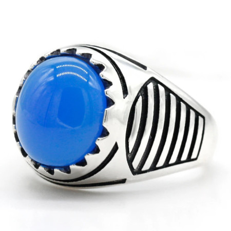 Anillo de plata 925 auténtica con piedra de ágata Natural para hombre, joyería de piedras preciosas azules, anillos de boda, línea de equilibrio, joyería fina Anillo de plata 925 auténtica con piedra de ágata Natural para hombre, joyería de piedras preciosas azules, anillos de boda, línea de equilibrio, joyería fina