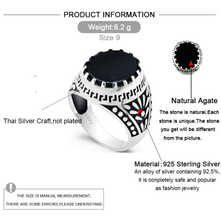 Anillo de Plata de Ley 925 con piedra de ágata Natural negra para hombre, sello de ciruela con goteo, anillo de sello de nota Musical, joyería fina