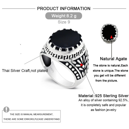 Anillo de Plata de Ley 925 con piedra de ágata Natural negra para hombre, sello de ciruela con goteo, anillo de sello de nota Musical, joyería fina - malaquita tienda 36