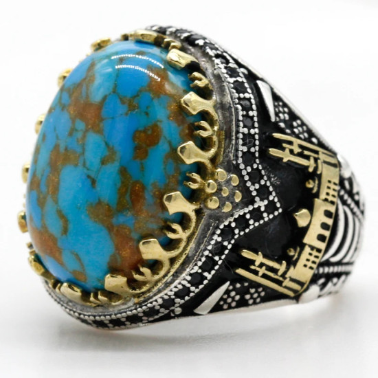 Anillos de plata de ley 925 auténtica para hombre, piedra turquesa Natural azul, anillo Vintage para fiesta de boda, joyería turca con forma de luna y Castillo - malaquita tienda 36