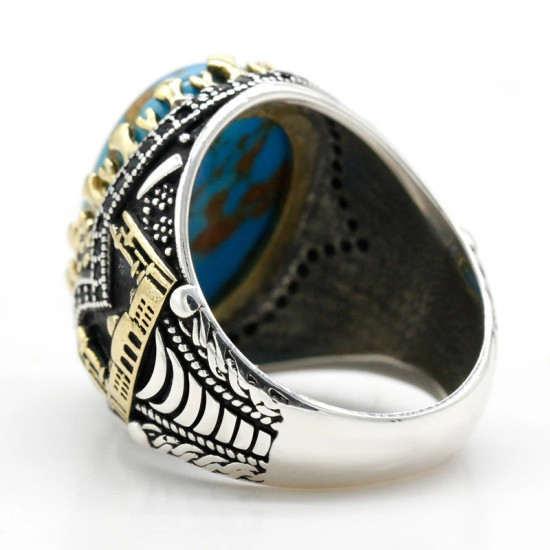 Anillos de plata de ley 925 auténtica para hombre, piedra turquesa Natural azul, anillo Vintage para fiesta de boda, joyería turca con forma de luna y Castillo - malaquita tienda 36