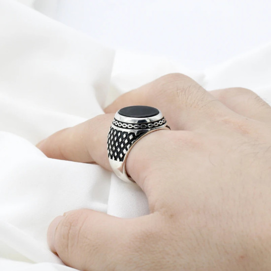 Anillo de Plata de Ley 925 auténtica para hombres, cadena de gotas de piedra de ágata Natural, joyería turca, anillo de boda, joyería fina Vintage - malaquita tienda 36