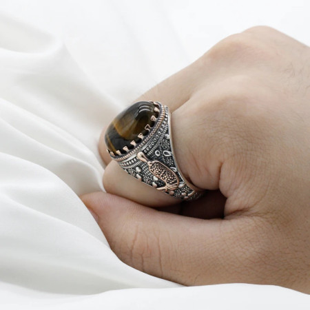Anillo de Plata de Ley 925 pura para hombre, piedra de Ojos de tigre Natural, Ancla de Oro por goteo, anillo Vintage para fiesta, joyería de Turquía, anillo exquisito