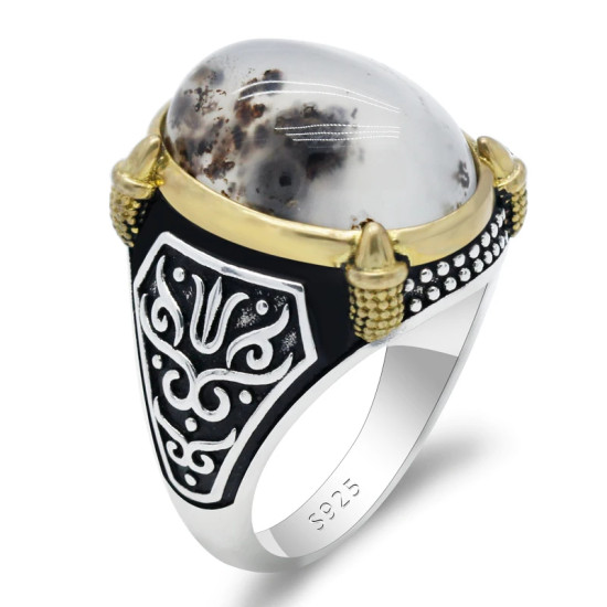 Anillo de plata 925 auténtica para hombre, piedra de ágata Natural, pintura de tinta de Diablo, diseño Vintage, anillo de boda de moda - malaquita tienda 36