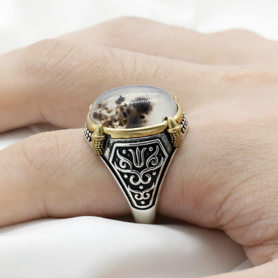 Anillo de plata 925 auténtica para hombre, piedra de ágata Natural, pintura de tinta de Diablo, diseño Vintage, anillo de boda de moda - malaquita tienda 36