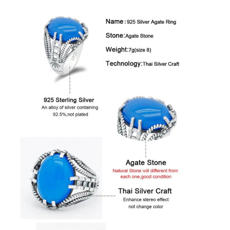 Anillo de piedra Natural para hombre, anillo de plata 925 para hombre, piedra de ágata, estilo Retro Punk, joyería de boda turca de plata tailandesa, joyería fina anillo con piedra para hombres anillos de piedra de ága Anillo de piedra Natural para hombre, anillo de plata 925 para hombre, piedra de ágata, estilo Retro Punk, joyería de boda turca de plata tailandesa, joyería fina anillo con piedra para hombres anillos de piedra de ága