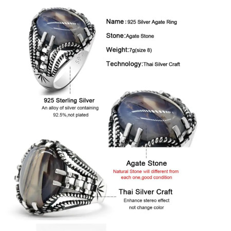 Anillo de plata 925 auténtica para hombre, piedra de ágata Natural, estilo misterioso, joyería de boda Vintage, regalo de garra, diseño hueco, roca