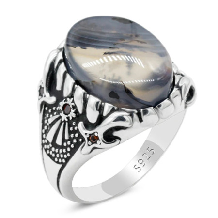 Anillo de Plata de Ley 925 sólida para hombres, piedra de ágata Natural y piedra CZ, anillos de boda turcos hechos a mano para hombres, joyería Vintage, anillo