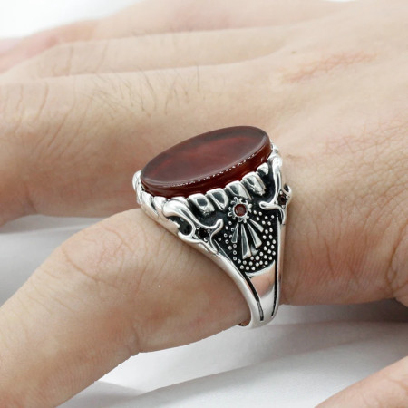 Anillo de Plata de Ley 925 para hombre, hecha a mano roja Natural piedra de ágata, joyería turca, garra, manchas, joyería de roca, regalo de fiesta