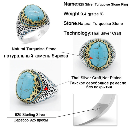 Anillo de Plata de Ley 925 para hombre y mujer, piedra turquesa Natural, joyería turca, regalo Vintage de moda, anillos para hombre, todas las tallas, fiesta - malaquita tienda 36