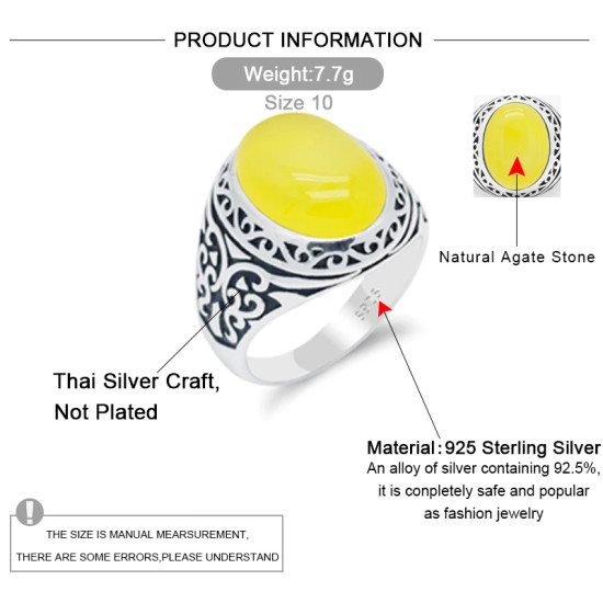 Türkiye Jewelry-Anillo de plata s925 con ágata amarilla Natural, regalo hecho a mano, joyería para fiesta y vacaciones para hombre - malaquita tienda 36
