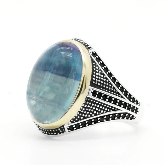 Anillo de Plata de Ley 925 con piedra fluorita Natural para hombre, joyería turca hecha a mano, exquisita, Shofar, salud y amor - malaquita tienda 36