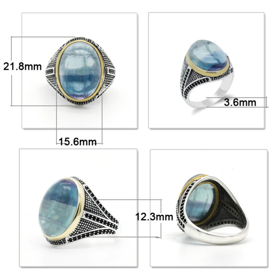 Anillo de Plata de Ley 925 con piedra fluorita Natural para hombre, joyería turca hecha a mano, exquisita, Shofar, salud y amor - malaquita tienda 36