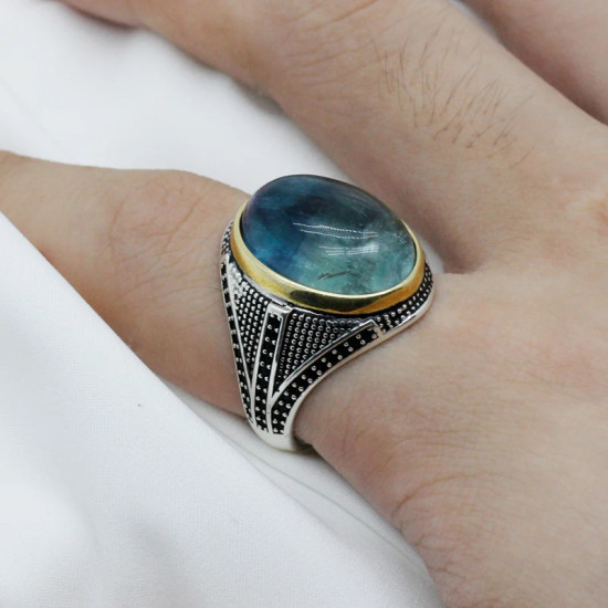 Anillo de Plata de Ley 925 con piedra fluorita Natural para hombre, joyería turca hecha a mano, exquisita, Shofar, salud y amor - malaquita tienda 36