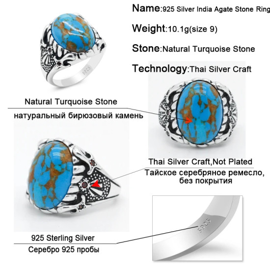 Anillos de plata 925 para hombre y mujer, joyería con piedra turquesa Natural, Retro, turco, joyería para fiesta y boda - malaquita tienda 36
