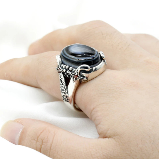 Anillo de plata 925 sólida para hombre y mujer, piedra de ágata Natural de mal de ojo, sello de cabra, anillo de lujo Vintage para fiesta, Onyx - malaquita tienda 36