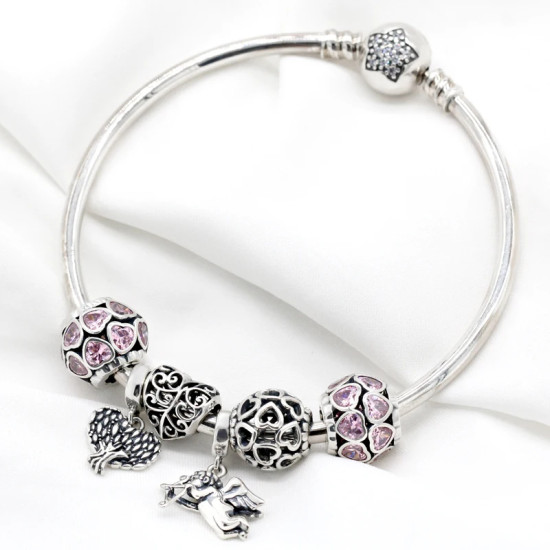 Pulsera de plata de ley 925 sólida para madre, abalorio redondo de corazones rosas, Cupido, árbol de la sabiduría, joyería artesanal, regalo romántico de lujo - malaquita tienda 36