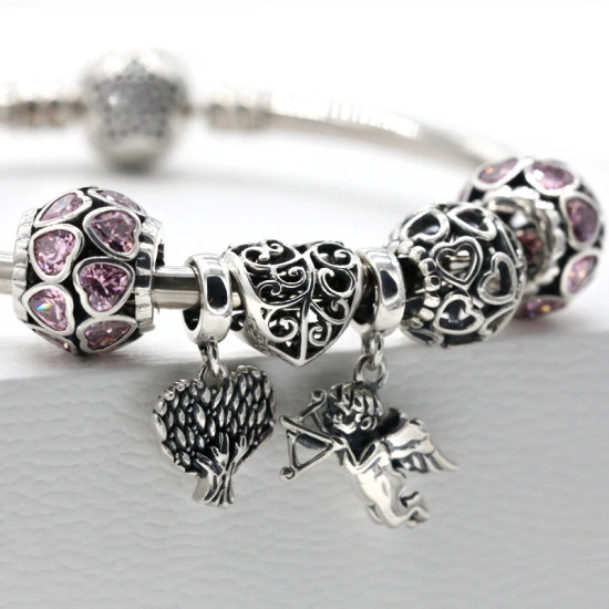 Pulsera de plata de ley 925 sólida para madre, abalorio redondo de corazones rosas, Cupido, árbol de la sabiduría, joyería artesanal, regalo romántico de lujo - malaquita tienda 36