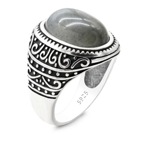 Anillo de Plata de Ley 925 sólida para hombre y mujer, con piedra labradorita Natural, Retro, Punk, tailandés, joyería turca - malaquita tienda 36