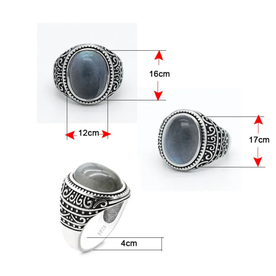 Anillo de Plata de Ley 925 sólida para hombre y mujer, con piedra labradorita Natural, Retro, Punk, tailandés, joyería turca - malaquita tienda 36