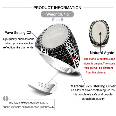 Anillo de Plata de Ley 925 con diseño de rayas turcas para hombre y mujer, sortija de ágata Natural, estilo Retro, Vintage, a la moda