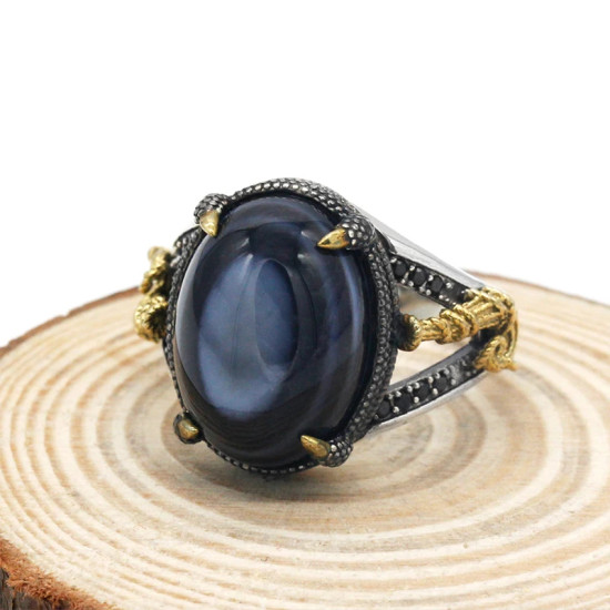 Anillo de Plata de Ley 925 para hombre, piedra de ágata Natural con ojos malvados, línea de cebra paralela, anillo de estilo Punk de CZ negro para hombre, Turquía - malaquita tienda 36