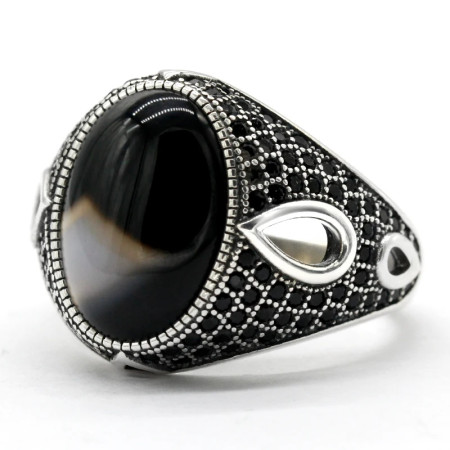 Anillo de ágata Natural para hombre, de Plata de Ley 925 pura, piedra preciosa ovalada Vintage con circonita negra, joyería turca hecha a mano