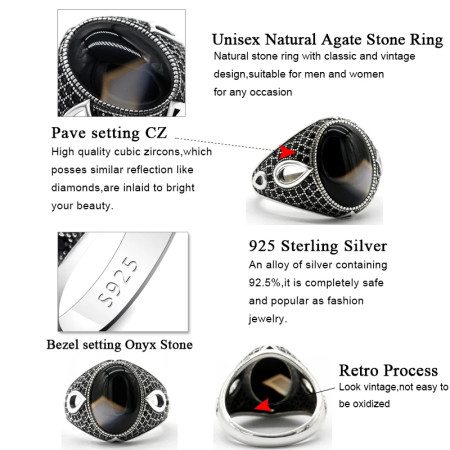 Anillo de ágata Natural para hombre, de Plata de Ley 925 pura, piedra preciosa ovalada Vintage con circonita negra, joyería turca hecha a mano