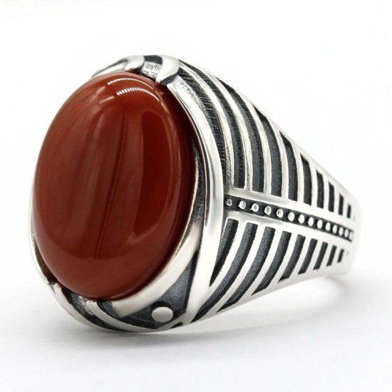 Anillo de Plata de Ley 925 para hombre, joyería turca con piedra de ágata roja Natural, anillos de rayas simples Vintage para hombre, regalo de cumpleaños y boda - malaquita tienda 36