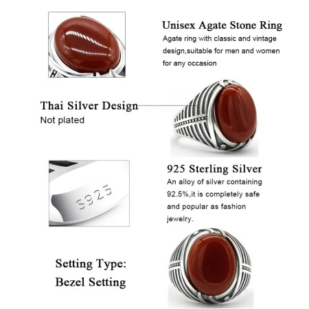 Anillo de Plata de Ley 925 para hombre, joyería turca con piedra de ágata roja Natural, anillos de rayas simples Vintage para hombre, regalo de cumpleaños y boda