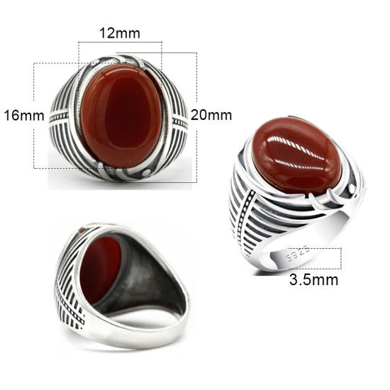 Anillo de Plata de Ley 925 para hombre, joyería turca con piedra de ágata roja Natural, anillos de rayas simples Vintage para hombre, regalo de cumpleaños y boda - malaquita tienda 36