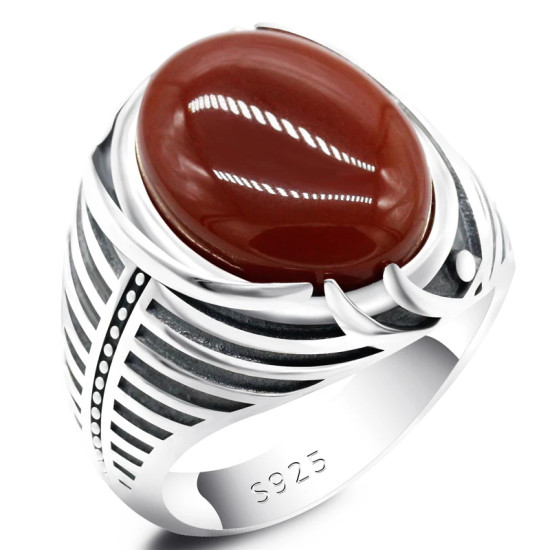 Anillo de Plata de Ley 925 para hombre, joyería turca con piedra de ágata roja Natural, anillos de rayas simples Vintage para hombre, regalo de cumpleaños y boda - malaquita tienda 36
