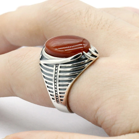 Anillo de Plata de Ley 925 para hombre, joyería turca con piedra de ágata roja Natural, anillos de rayas simples Vintage para hombre, regalo de cumpleaños y boda - malaquita tienda 36