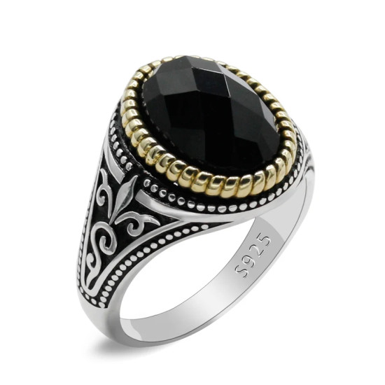 Anillo de plata 925 con piedra de circonita negra para hombre, joyería turca hecha a mano, regalo de Rock - malaquita tienda 36
