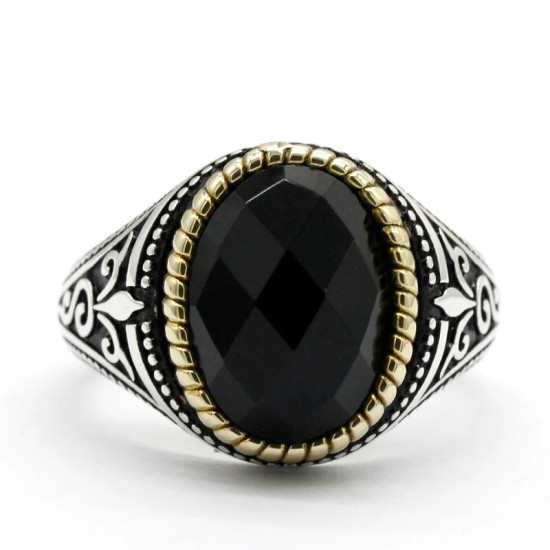 Anillo de plata 925 con piedra de circonita negra para hombre, joyería turca hecha a mano, regalo de Rock - malaquita tienda 36