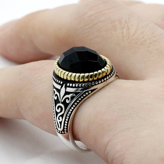 Anillo de plata 925 con piedra de circonita negra para hombre, joyería turca hecha a mano, regalo de Rock - malaquita tienda 36
