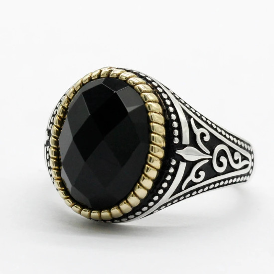 Anillo de plata 925 con piedra de circonita negra para hombre, joyería turca hecha a mano, regalo de Rock - malaquita tienda 36