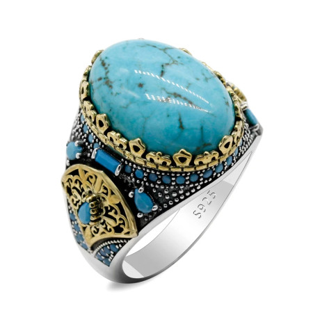 Anillo de turquesa Natural para hombre, de Plata de Ley 925, Castillo de Turquía, anillo de boda Retro de moda favorable Anillo de turquesa Natural para hombre, de Plata de Ley 925, Castillo de Turquía, anillo de boda Retro de moda favorable