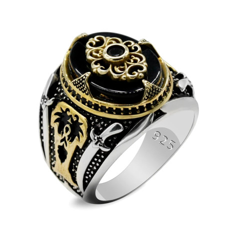 Anillo de plata 925 con ágata Natural para hombre, joyería Retro turca de árbol de coco, Machete de Oriente Medio, exquisito, dos colores